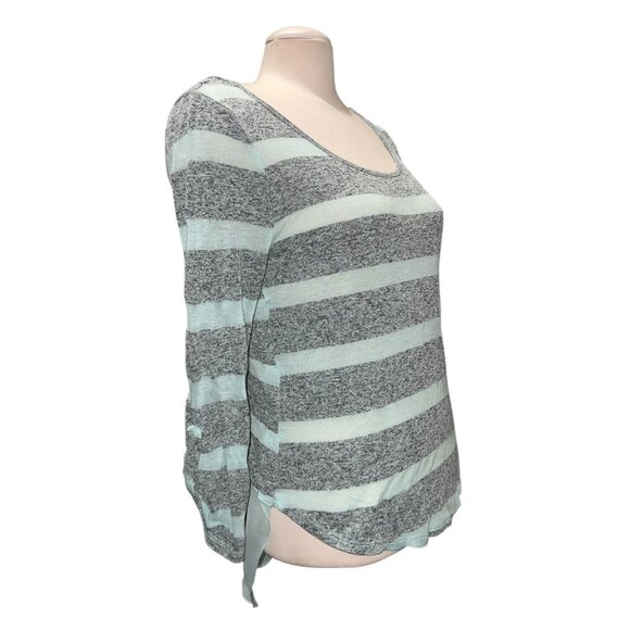 Almost Famous Womens Sheer Back Striped Long Sleeve Top Sz Large Gray & Mint Lig - Picture 10 of 10